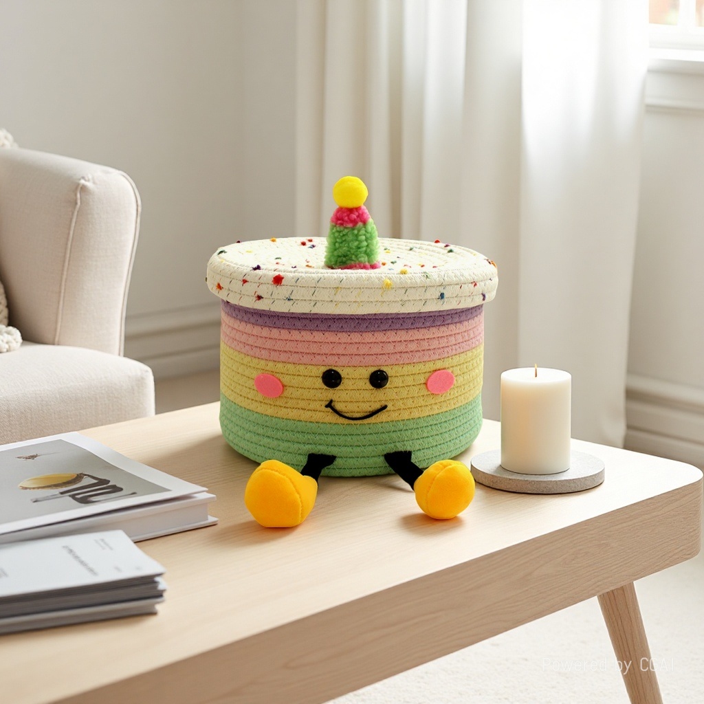 Fun doll cake storage basket, children's toys, cartoon cotton rope woven basket, living room table, snack organization box details Picture