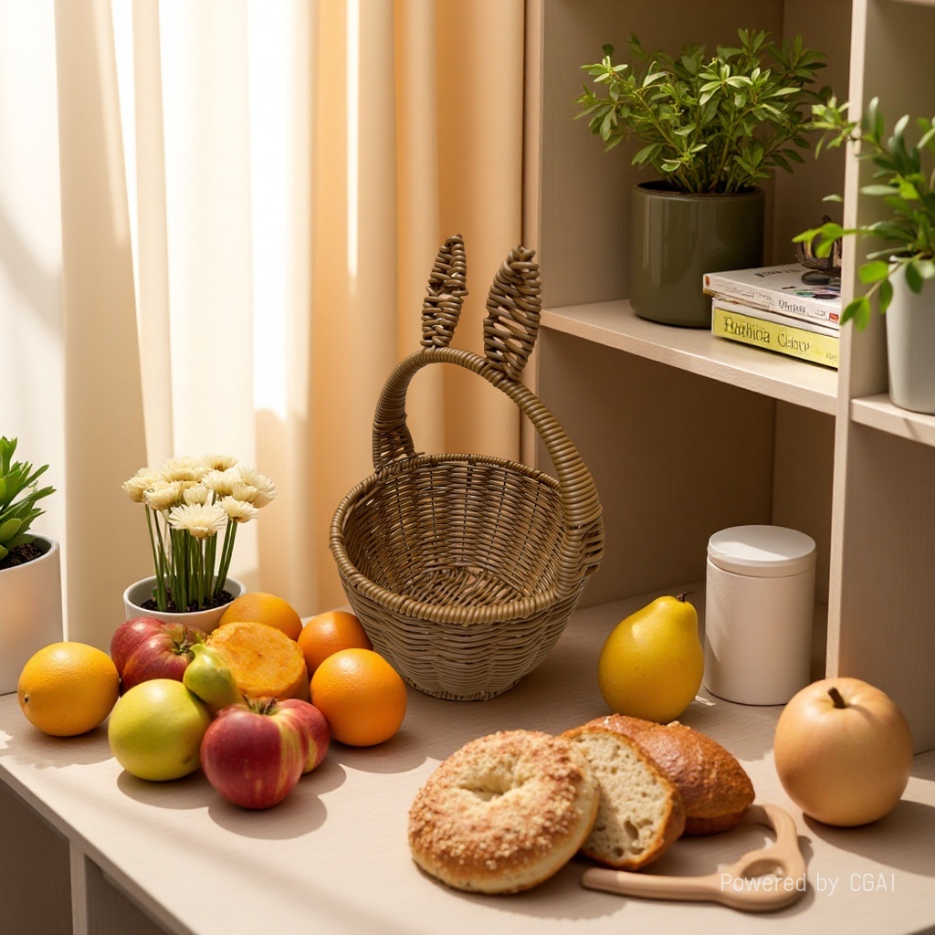 A round storage basket in the shape of rabbit ears woven like rattan, a flower basket, a fruit and bread basket, a vegetable delivery basket, a miscellaneous storage basket, a supermarket packaging gift basket, a souvenir gift basket, and a cute little rabbit carrying basket Application Scenario