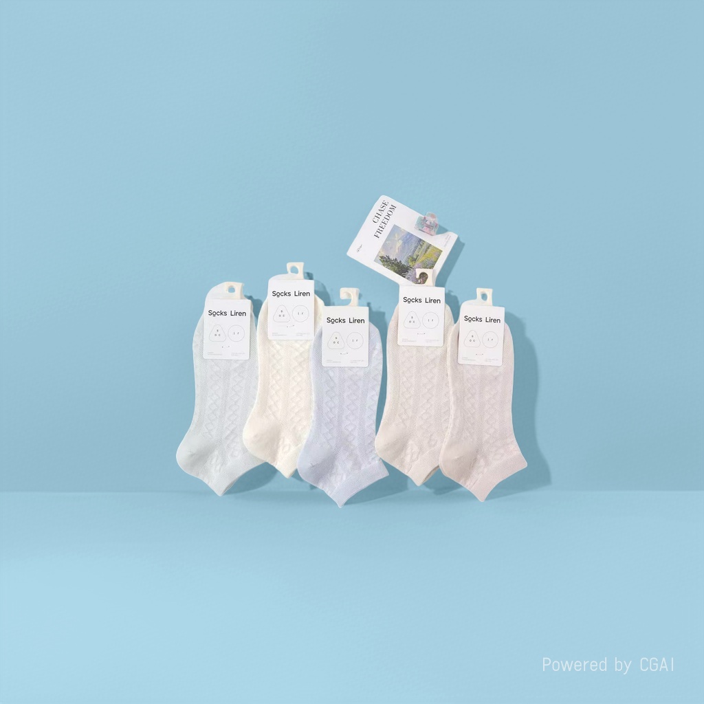 五双Socks Liren简约风格短袜浅蓝米白淡蓝奶油白粉白白色标签纯白背景CHASE FREEDOM卡片产品图