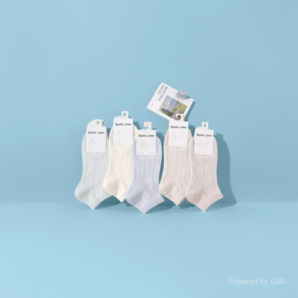 五双Socks Liren简约风格短袜浅蓝米白淡蓝奶油白粉白白色标签纯白背景CHASE FREEDOM卡片