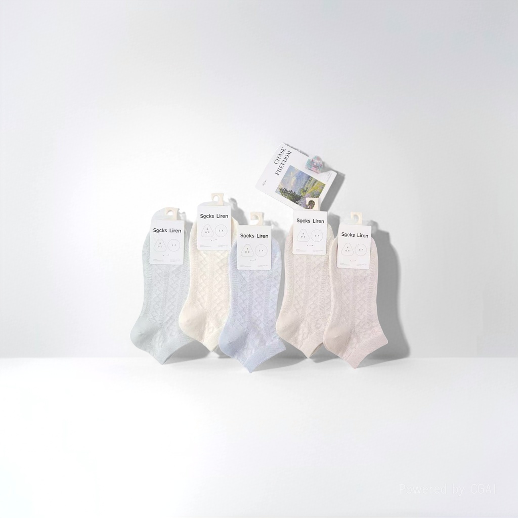 五双Socks Liren简约风格短袜浅蓝米白淡蓝奶油白粉白白色标签纯白背景CHASE FREEDOM卡片细节图