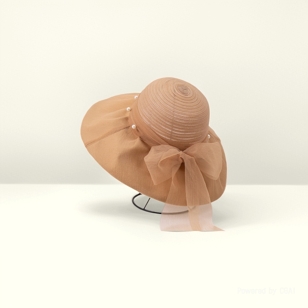 The 2026 new style of the Women's Summer hat with mesh, bow, pearl, and large brim is elegant and flattering for the face, with small sun protection and shade Specification image