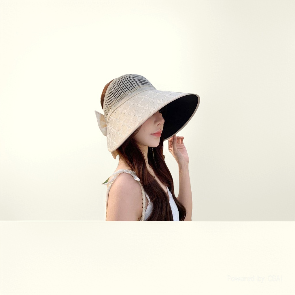 A popular online celebrity diamond-encrusted wide-brimmed sun hat with a bow that shows off the face. A small black rubber UV protection hat that can be tied into a ponytail details Picture