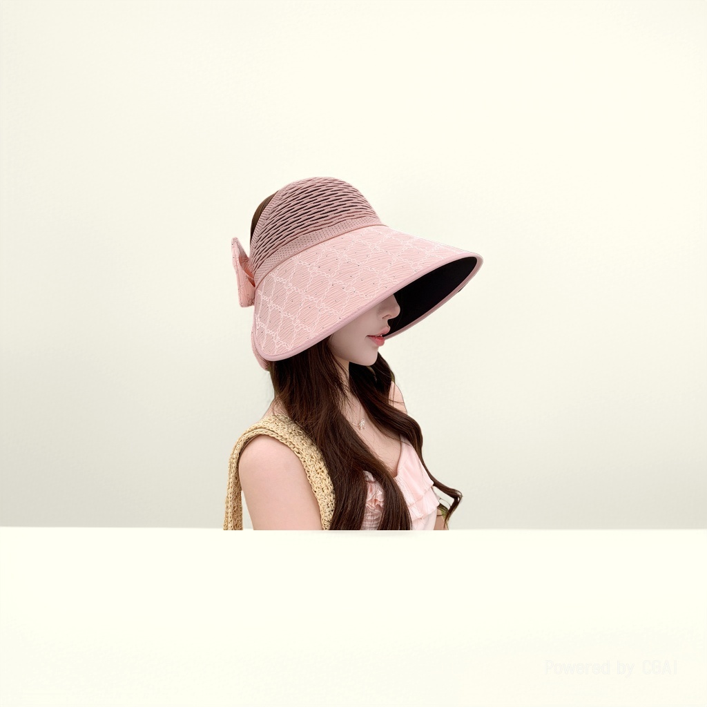 A popular online celebrity diamond-encrusted wide-brimmed sun hat with a bow that shows off the face. A small black rubber UV protection hat that can be tied into a ponytail Specification image