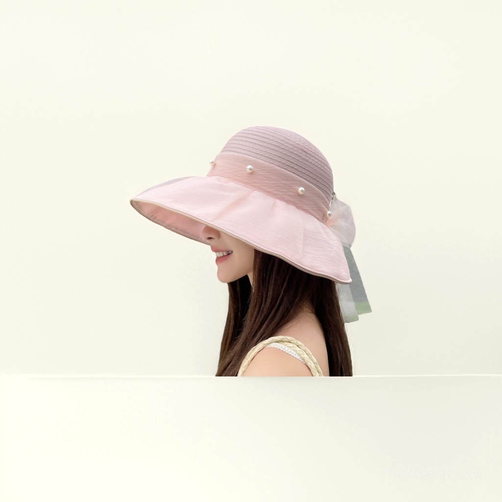 The popular large-brimmed organza sun protection hat, pearl mesh lace peach-shaped hat, fashionable, lightweight and breathable sun hat Application Scenario