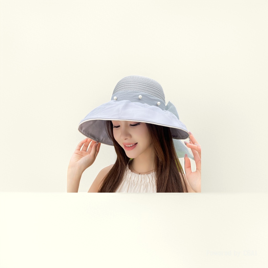 The popular large-brimmed organza sun protection hat, pearl mesh lace peach-shaped hat, fashionable, lightweight and breathable sun hat Specification image