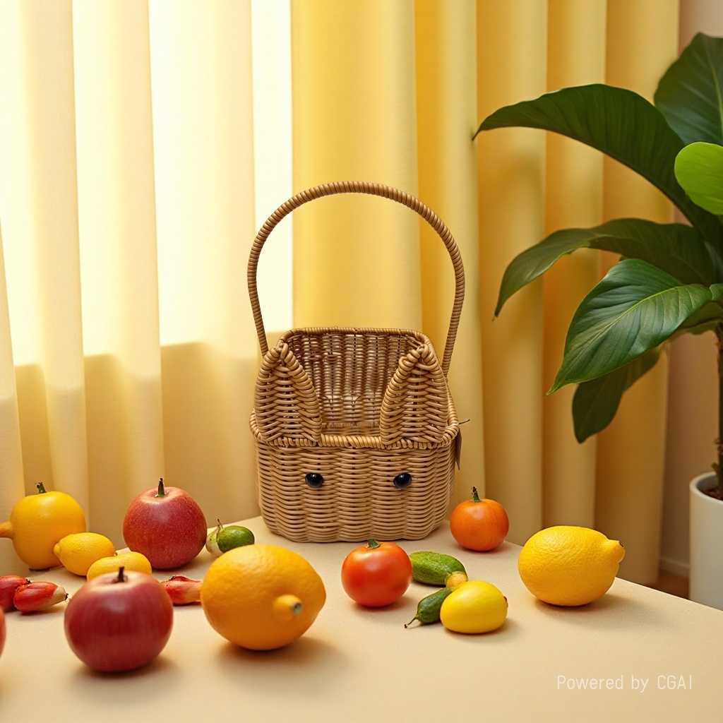 Imitation rattan woven cute cat-shaped square storage basket, flower basket, fruit and bread basket, vegetable delivery basket, miscellaneous storage basket, supermarket packaging gift basket, souvenir gift basket, cute kitten fixed handle carrying basket Specification image