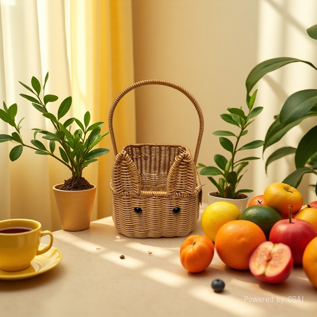 Imitation rattan woven cute cat-shaped square storage basket, flower basket, fruit and bread basket, vegetable delivery basket, miscellaneous storage basket, supermarket packaging gift basket, souvenir gift basket, cute kitten fixed handle carrying basket Application Scenario
