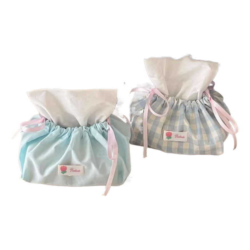 Fresh and light blue checkered drawstring tissue bag, InS-style drawstring paper bag, home Korean-style bedroom atmosphere tissue bag 100849313 Item Picture