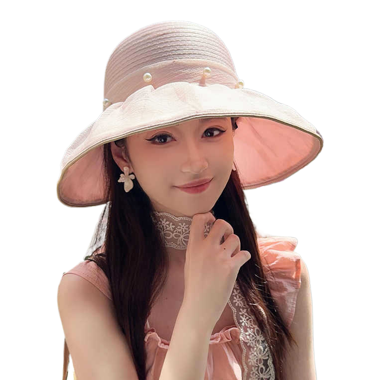 夏天女款遮阳大帽檐渔夫帽网纱蝴蝶结防晒透气太阳帽