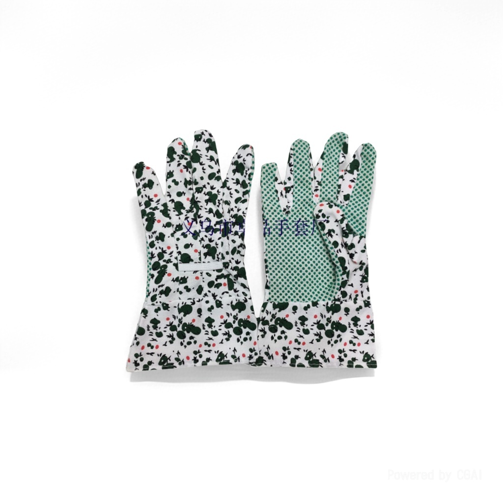 Gardening labor protection gloves, polyester-cotton fabric printed dot bead and glue gloves, environmental protection and greening garden gloves details Picture