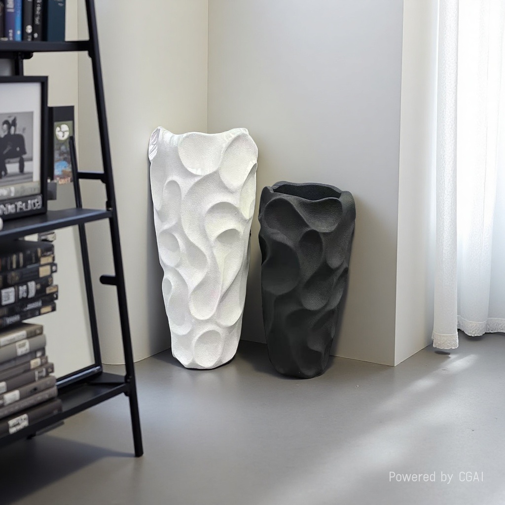 2026 New magnesium oxide modern art flower POTS with white and black textures for hotel, home and garden decoration Specification image