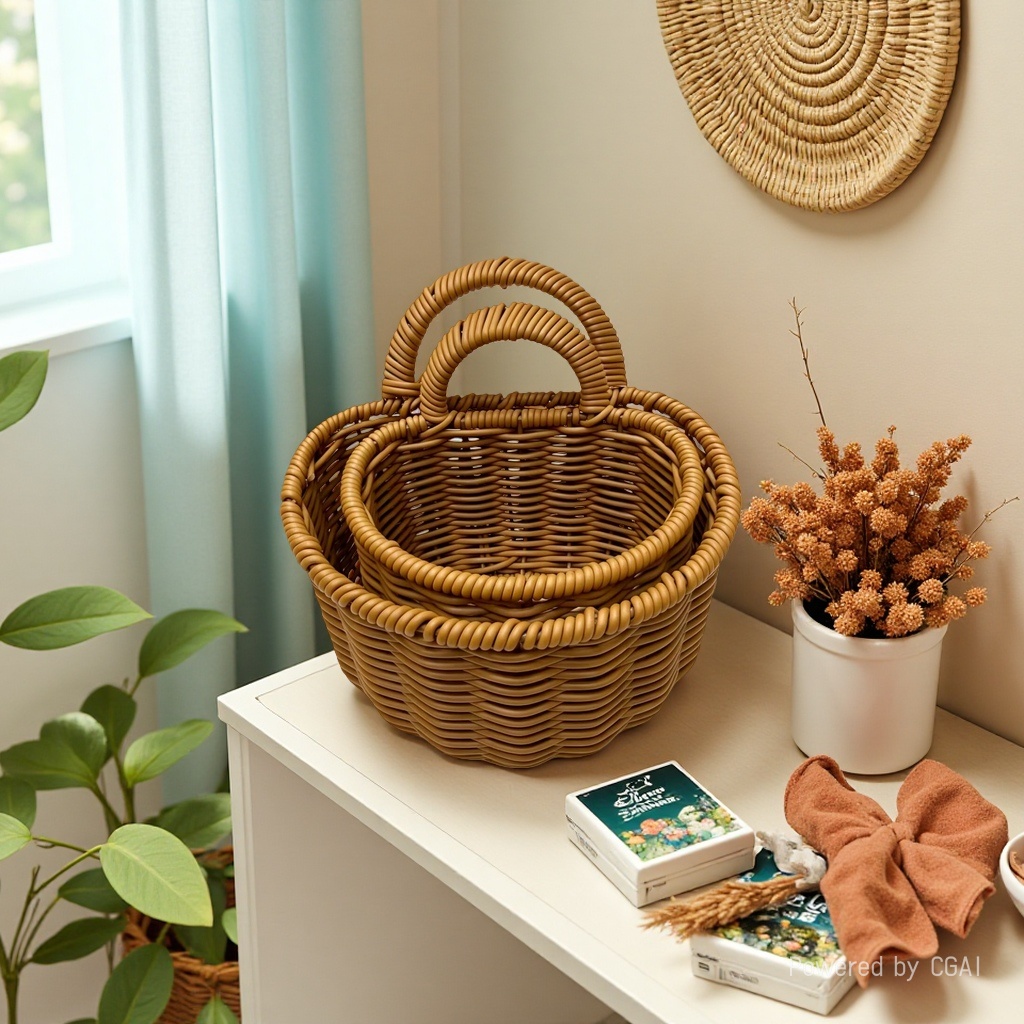 Imitation rattan woven semi-circular wall hanging basket, wall flower stand basket Application Scenario