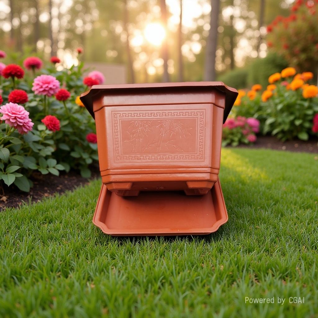 Square brown plastic flower POTS with trays sold directly by the manufacturer to beautify your home environment. 163633042 Application Scenario
