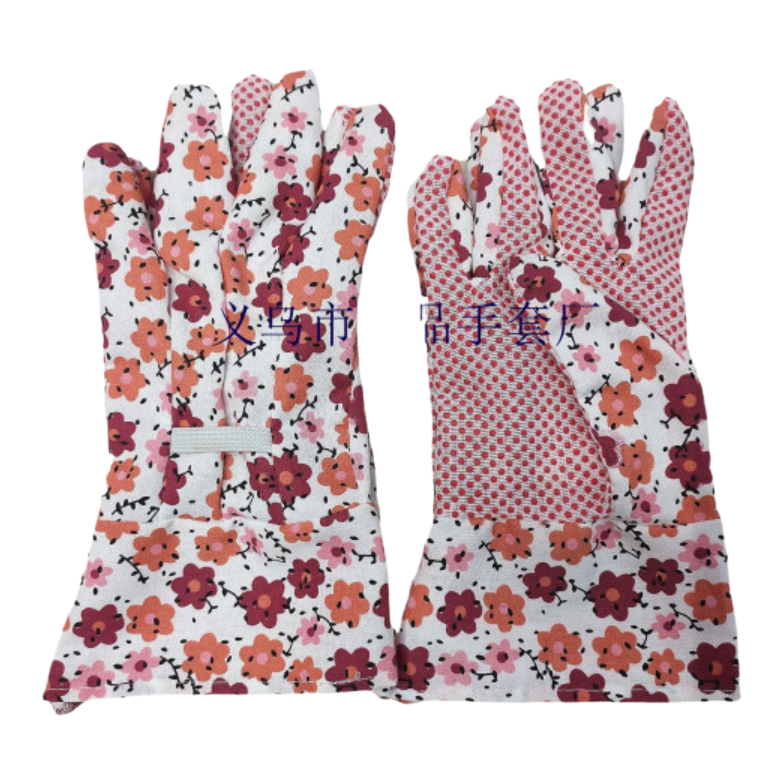 Gardening labor protection gloves, polyester-cotton fabric printed dot bead and glue gloves, environmental protection and greening garden gloves Item Picture