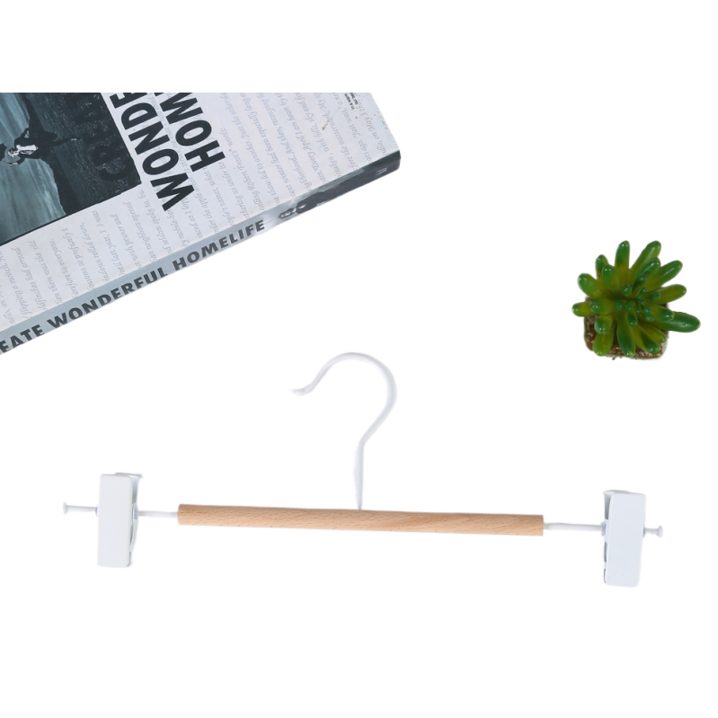 Nordic style simple color contrast beech wood skirt and trouser holder, home solid wood wooden trouser hanger, wooden ironwork powder-coated trouser hanger, white Item Picture