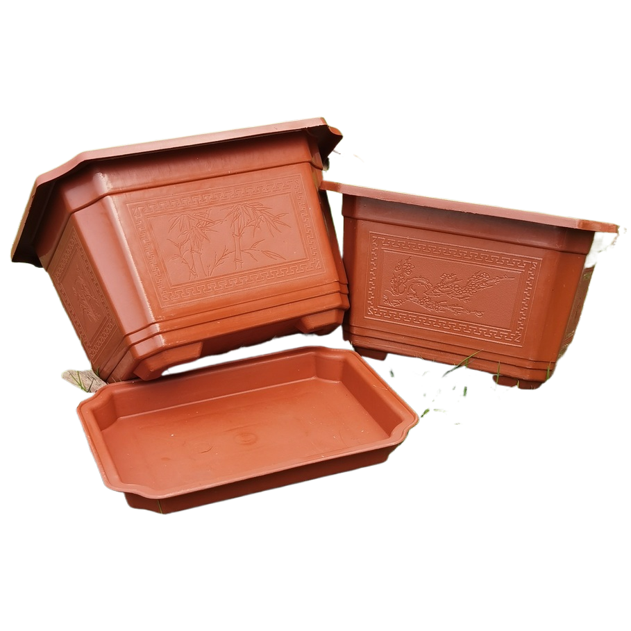 Square brown plastic flower POTS with trays sold directly by the manufacturer to beautify your home environment. 163633042 Item Picture