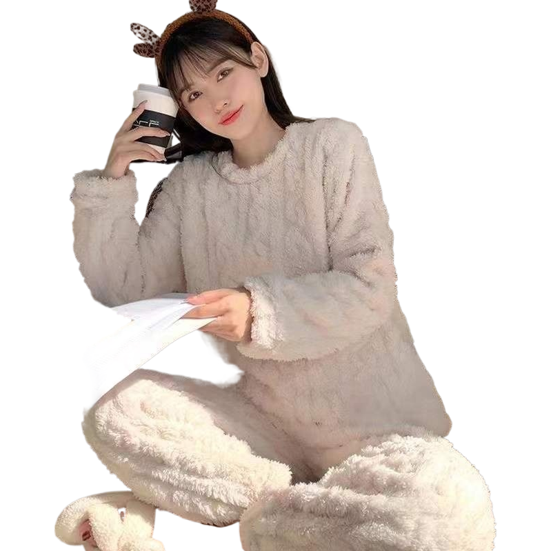 性感女士毛绒睡衣家居服套装女性保暖睡裤居家舒适慵懒风