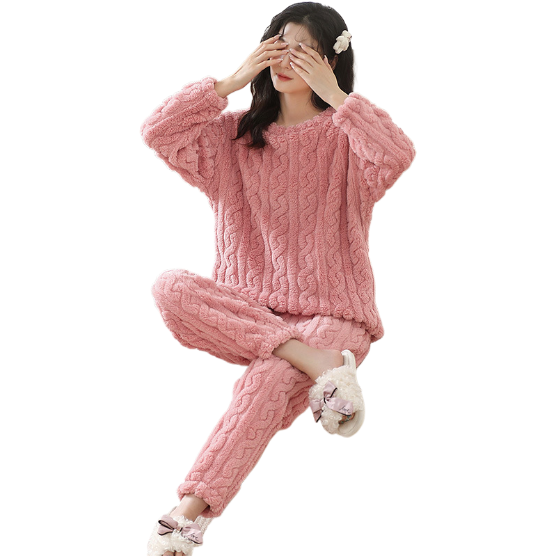 粉色毛绒性感睡衣套装女士家居服睡裤保暖居家穿着