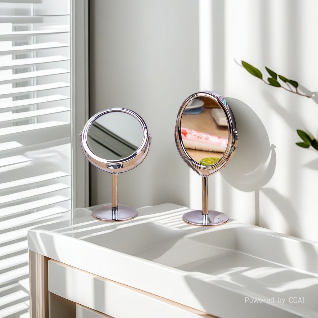 Metal circular countertop makeup mirror with rotatable tabletop, 1:2 magnifying glass, European princess mirror, double-sided dressing mirror, 3-inch circular Application Scenario