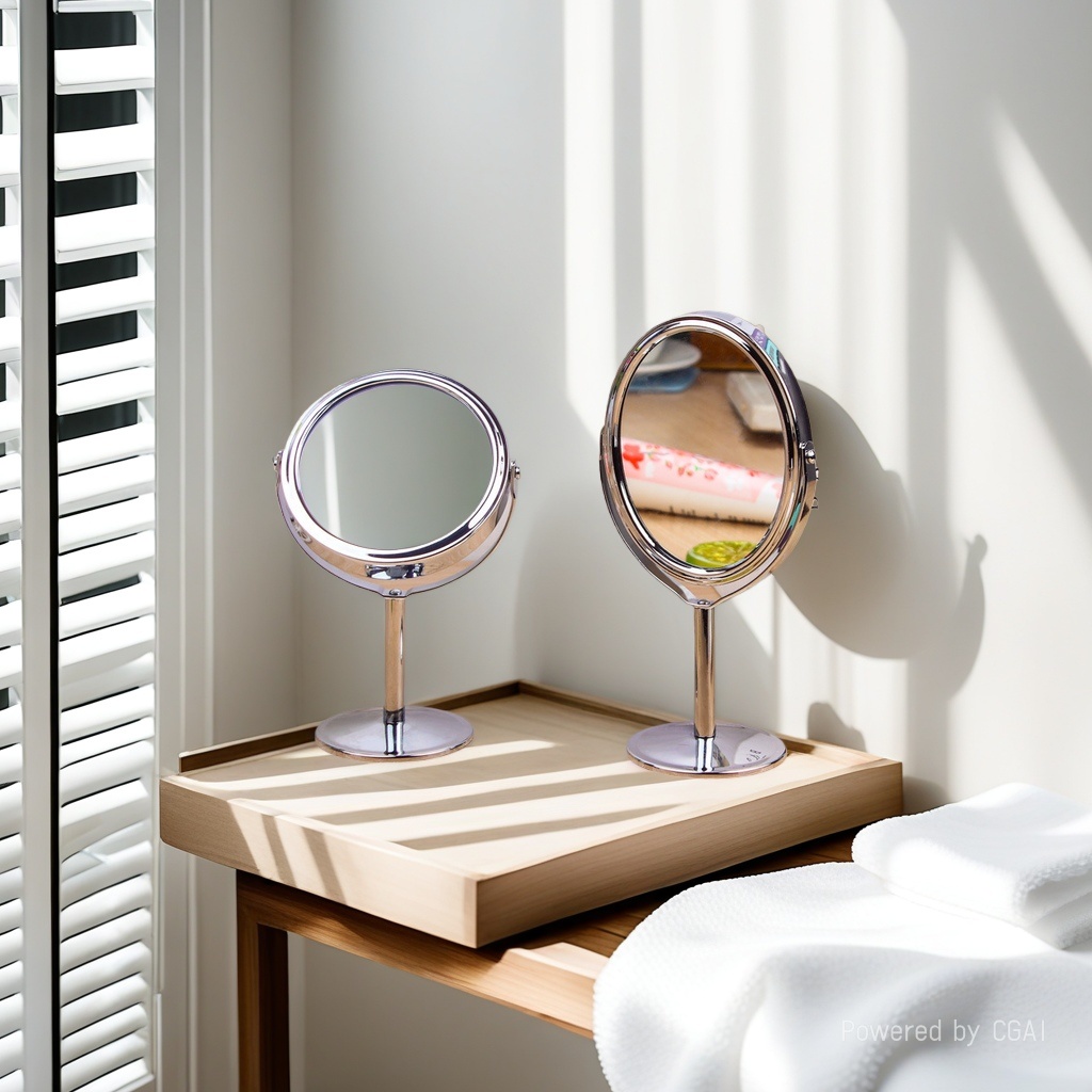 Metal circular countertop makeup mirror with rotatable tabletop, 1:2 magnifying glass, European princess mirror, double-sided dressing mirror, 3-inch circular details Picture