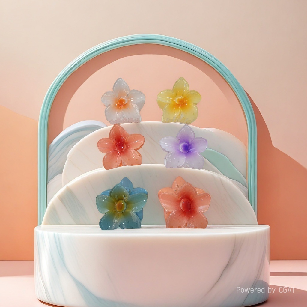 Flower-shaped six-color plastic hair clips, five-petal flower stamens, transparent and smooth hairpins, shark clip hair accessories Application Scenario