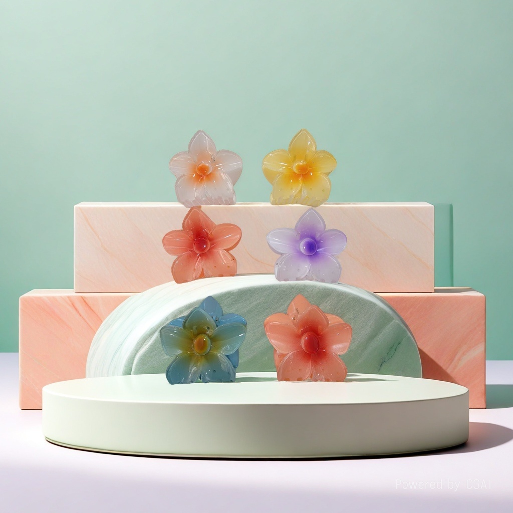 Flower-shaped six-color plastic hair clips, five-petal flower stamens, transparent and smooth hairpins, shark clip hair accessories details Picture