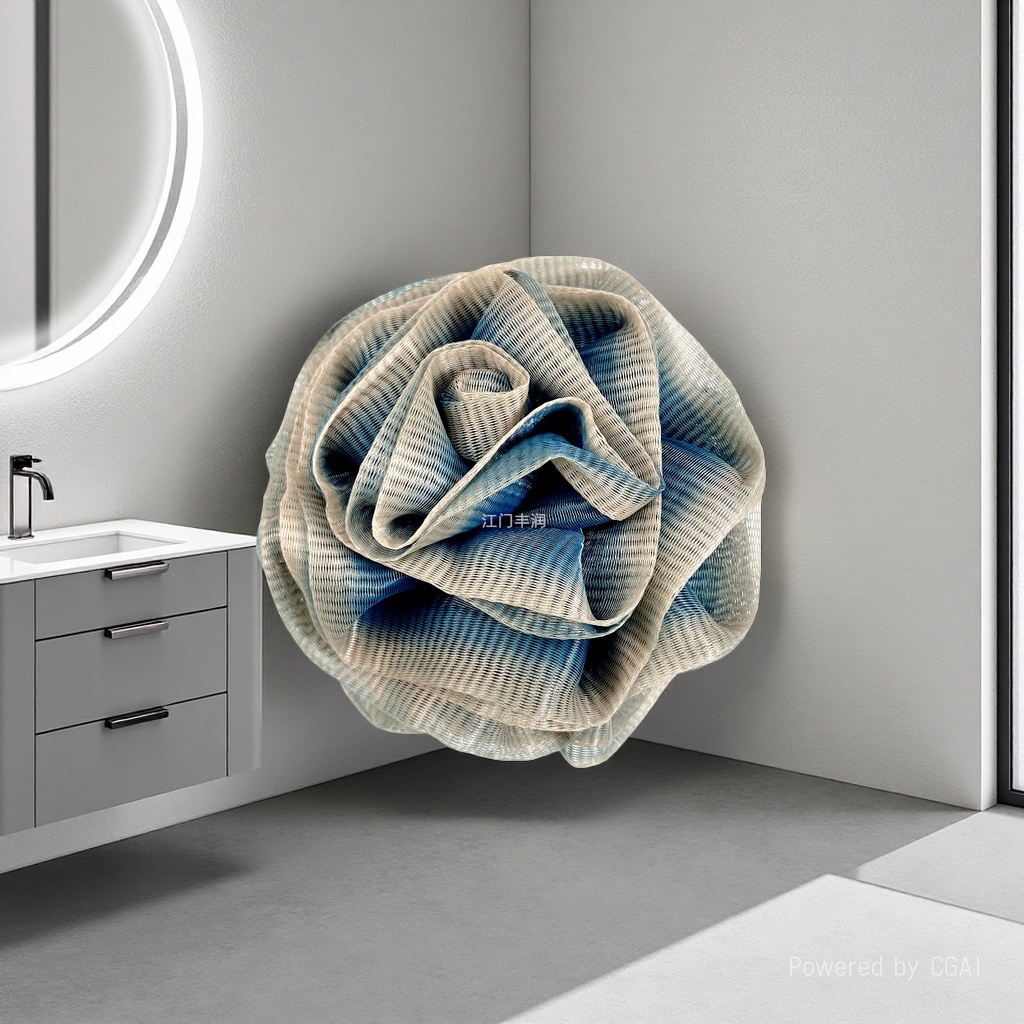 Cartoon bath flower woven texture flower scrubbing towel, wooden handle bath magic tool, bath sponge, bath brush, scrubbing tool Application Scenario