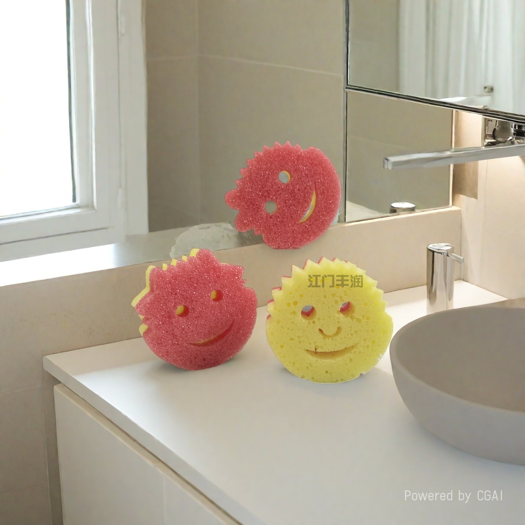 Factory direct sales of temperature-sensing sponge for kitchen cleaning. Various colors of temperature-sensing sponge in cartoon shape, double-layer details Picture