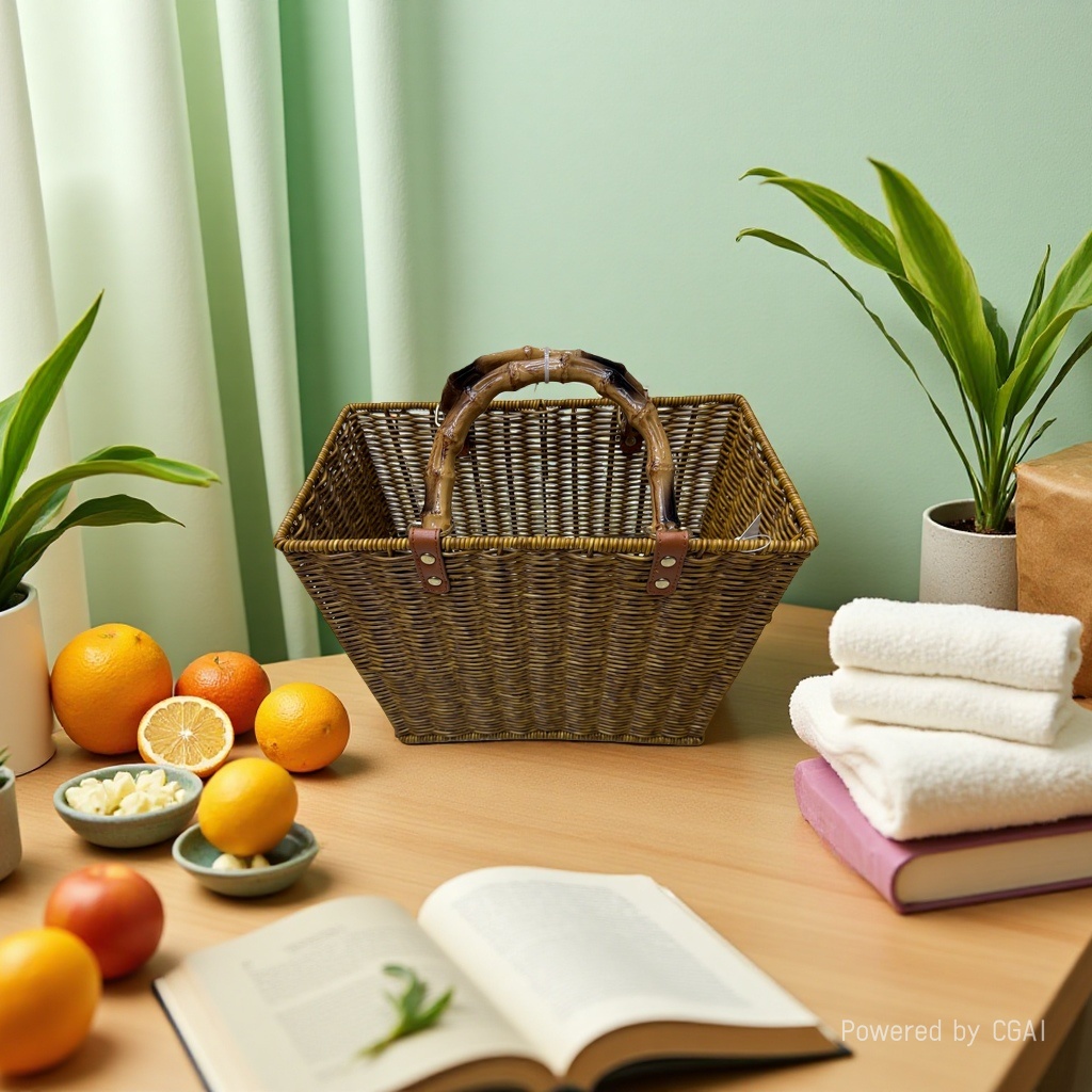 Imitation rattan hand-held storage basket, woven basket, laundry basket, household storage basket, moisture-proof and breathable, large-capacity carrying basket, fruit basket, vegetable basket, supermarket gift packaging basket, imitation bamboo handle Specification image
