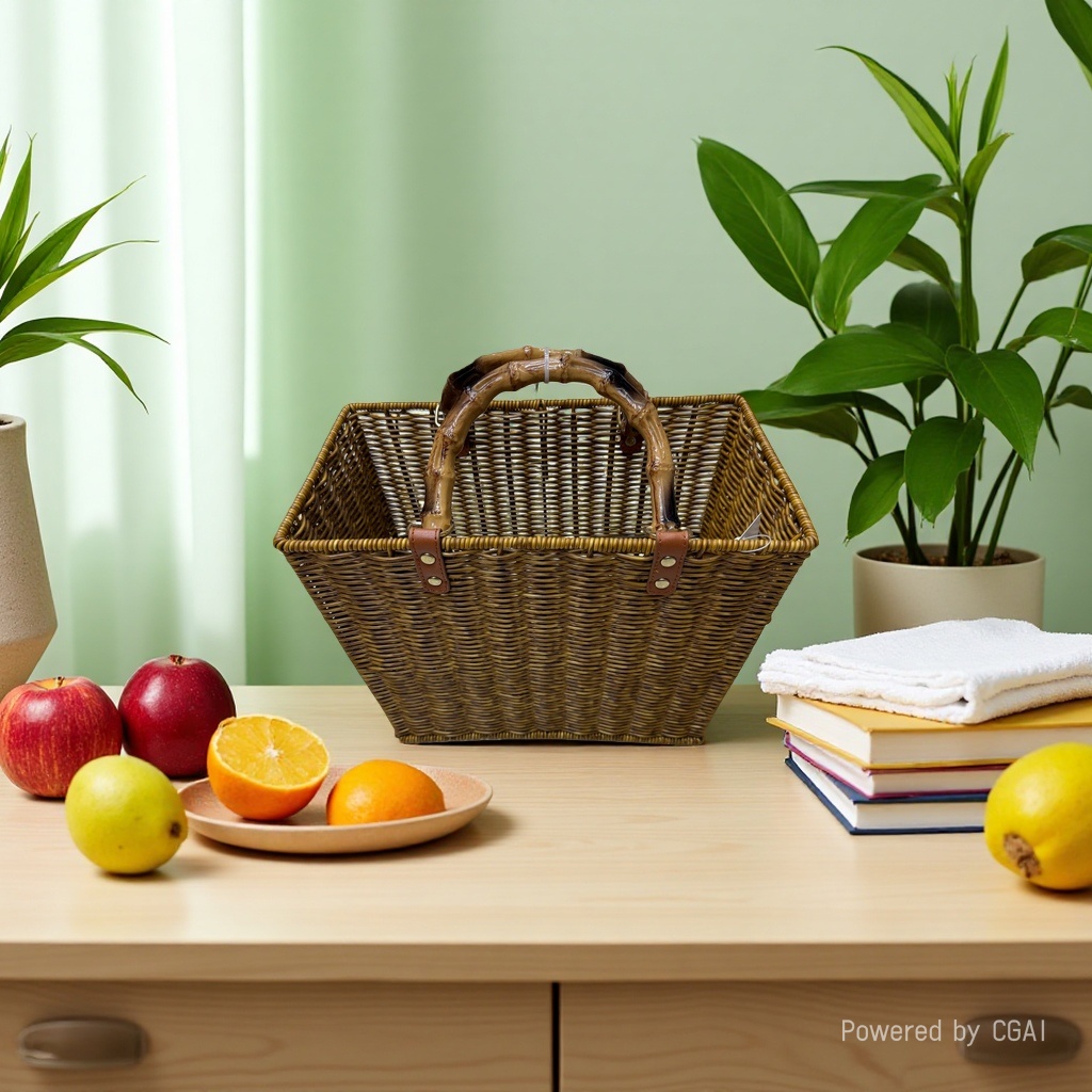 Imitation rattan hand-held storage basket, woven basket, laundry basket, household storage basket, moisture-proof and breathable, large-capacity carrying basket, fruit basket, vegetable basket, supermarket gift packaging basket, imitation bamboo handle Application Scenario