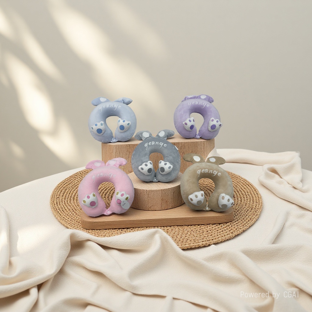 The cute animal-shaped U-shaped neck pillow is available in five colors: light blue, purple, pink, gray, and brown. It features ears and claw embroidery. geange travel pillow Specification image