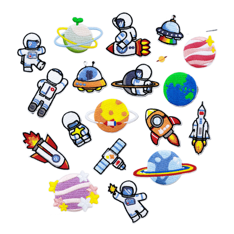 百贴布魔术自粘布太空主题刺绣贴布宇航员星球火箭宇宙飞船卫星图案补丁贴儿童卡通