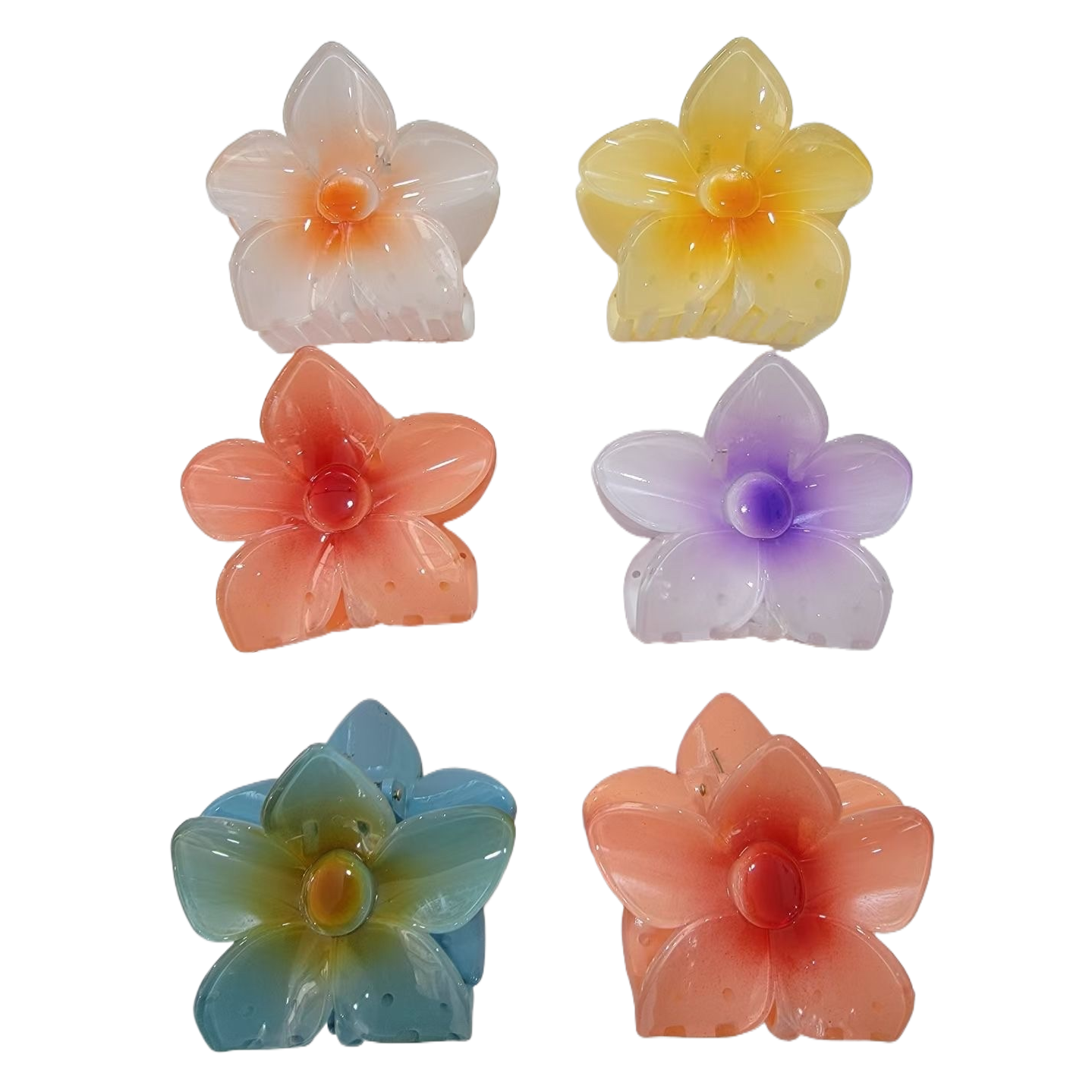 Flower-shaped six-color plastic hair clips, five-petal flower stamens, transparent and smooth hairpins, shark clip hair accessories Item Picture