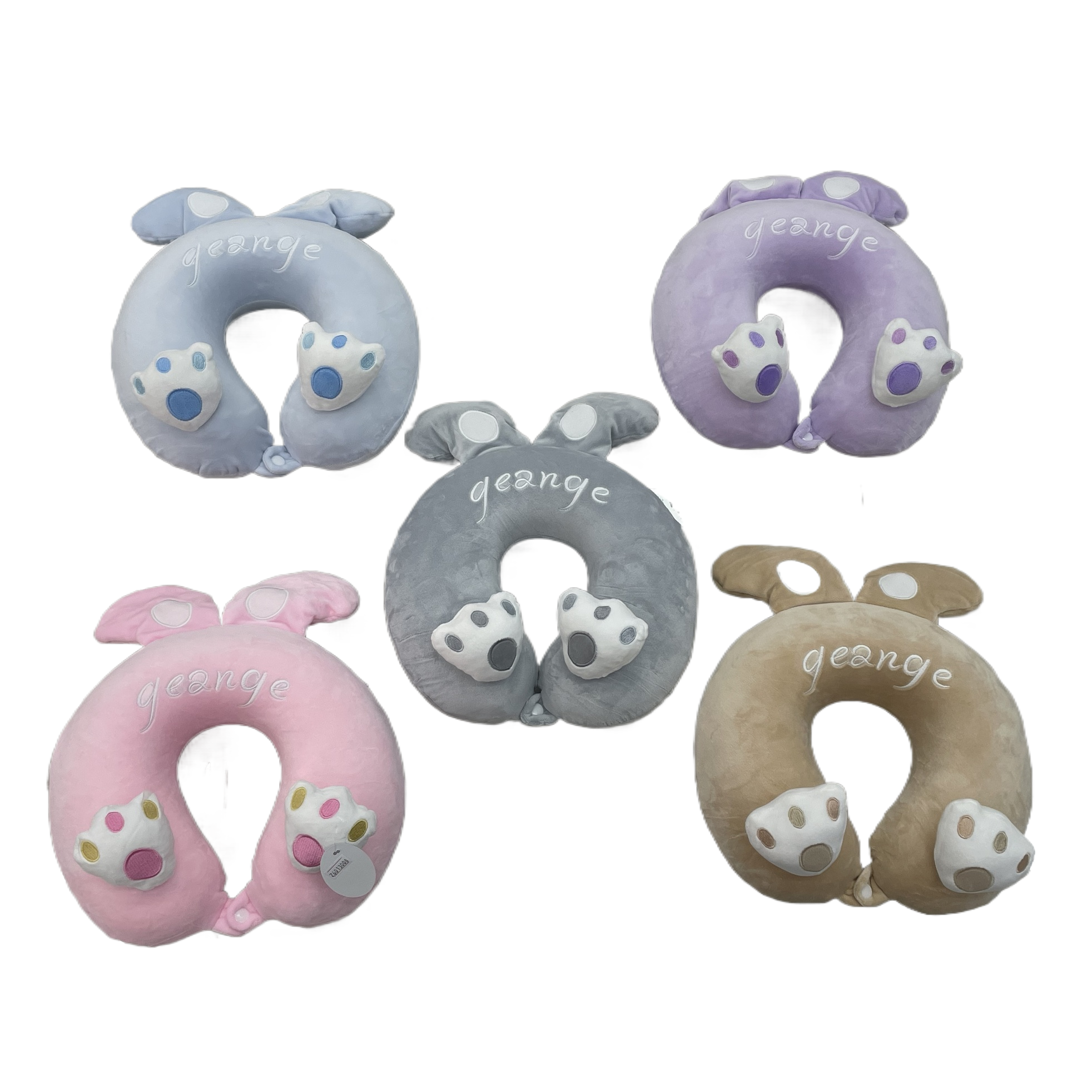 The cute animal-shaped U-shaped neck pillow is available in five colors: light blue, purple, pink, gray, and brown. It features ears and claw embroidery. geange travel pillow Item Picture