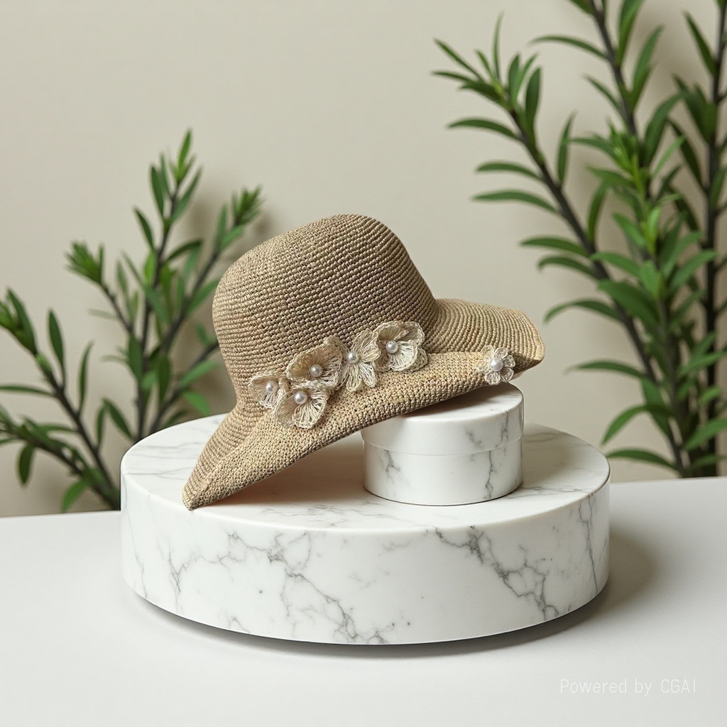 Spring and summer designer's three-dimensional small flower pearl original Lafite grass basin hat, elegant fisherman's hat, sun hat details Picture