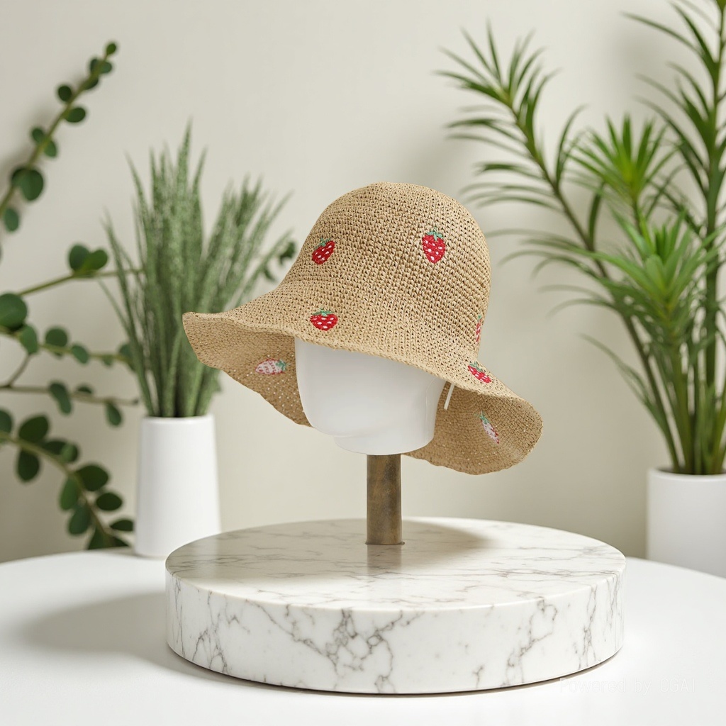 New hand-woven fisherman's hat and sun protection cap, foldable and exquisitely embroidered strawberry Japanese-style face-enhancing summer vacation