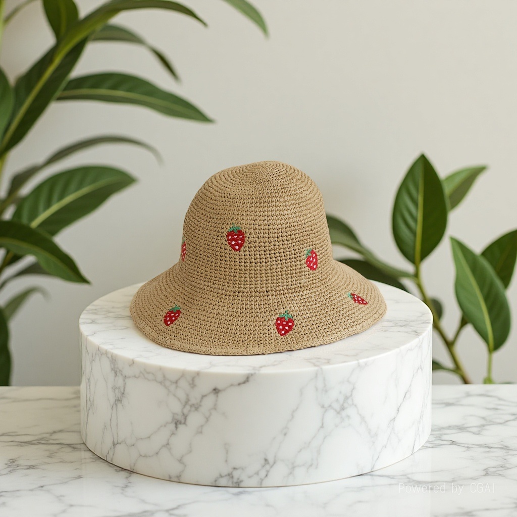 New hand-woven fisherman's hat and sun protection cap, foldable and exquisitely embroidered strawberry Japanese-style face-enhancing summer vacation Specification image