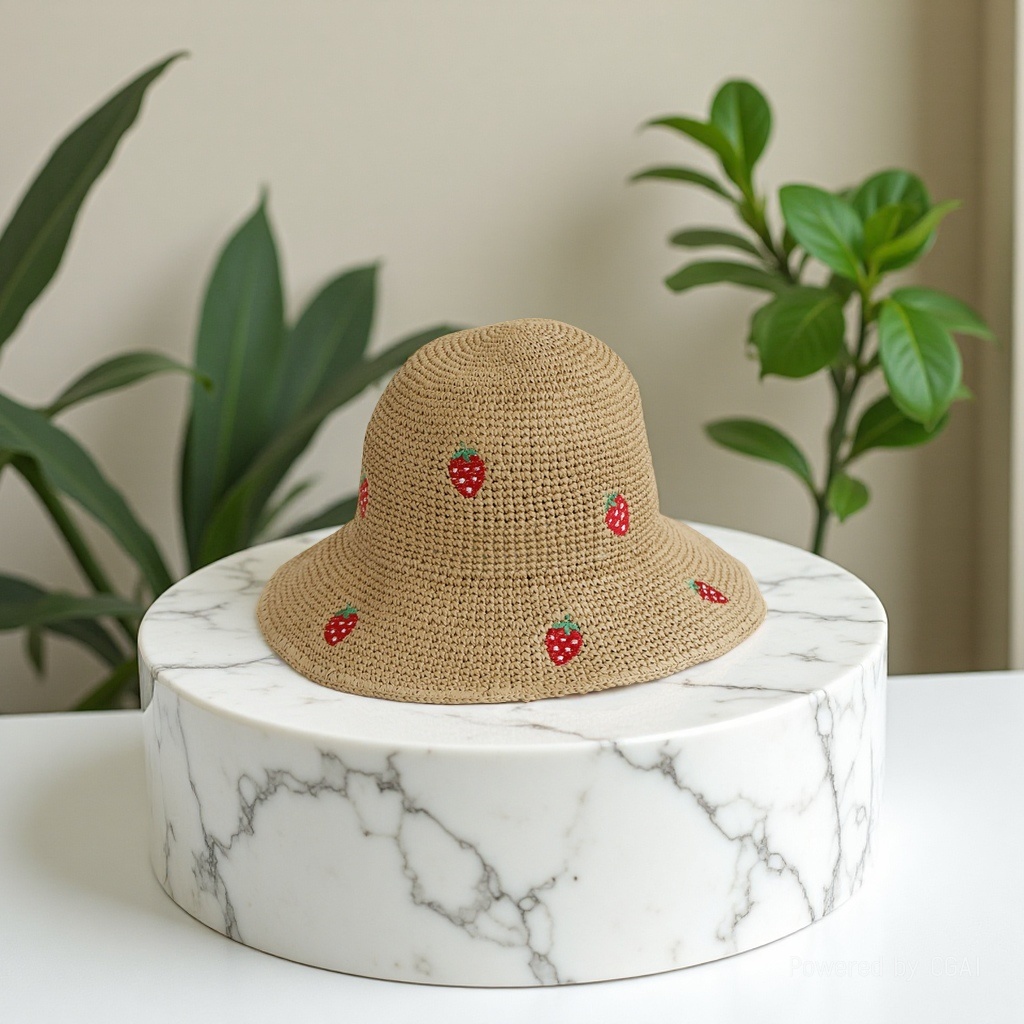 New hand-woven fisherman's hat and sun protection cap, foldable and exquisitely embroidered strawberry Japanese-style face-enhancing summer vacation details Picture