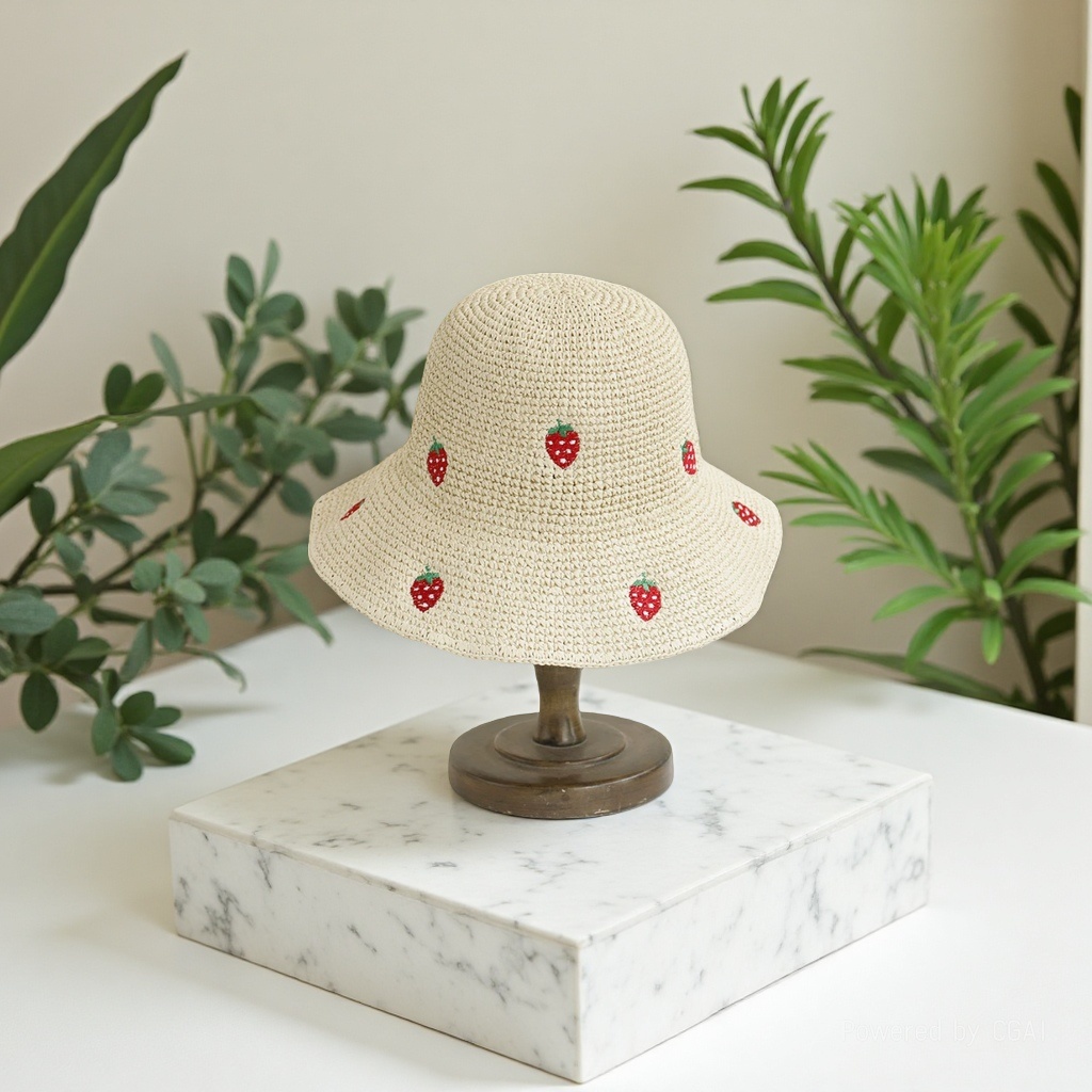 New hand-woven fisherman's hat and sun protection cap, foldable and exquisitely embroidered strawberry Japanese-style face-enhancing summer vacation Application Scenario