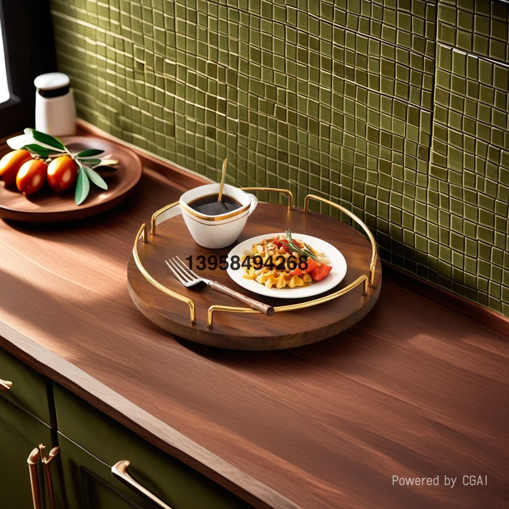 ins Acacia wood round storage plate, metal solid wood tabletop, dessert plate, fruit plate, tea plate, cup tray ht details Picture