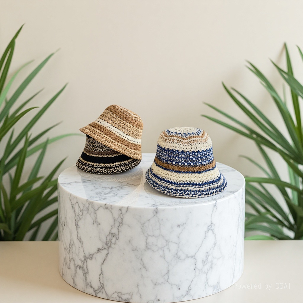A new summer striped knitted straw hat for women, a stylish and versatile small fisherman hat that shows off one's face. It's a basin hat and bucket hat for outings details Picture