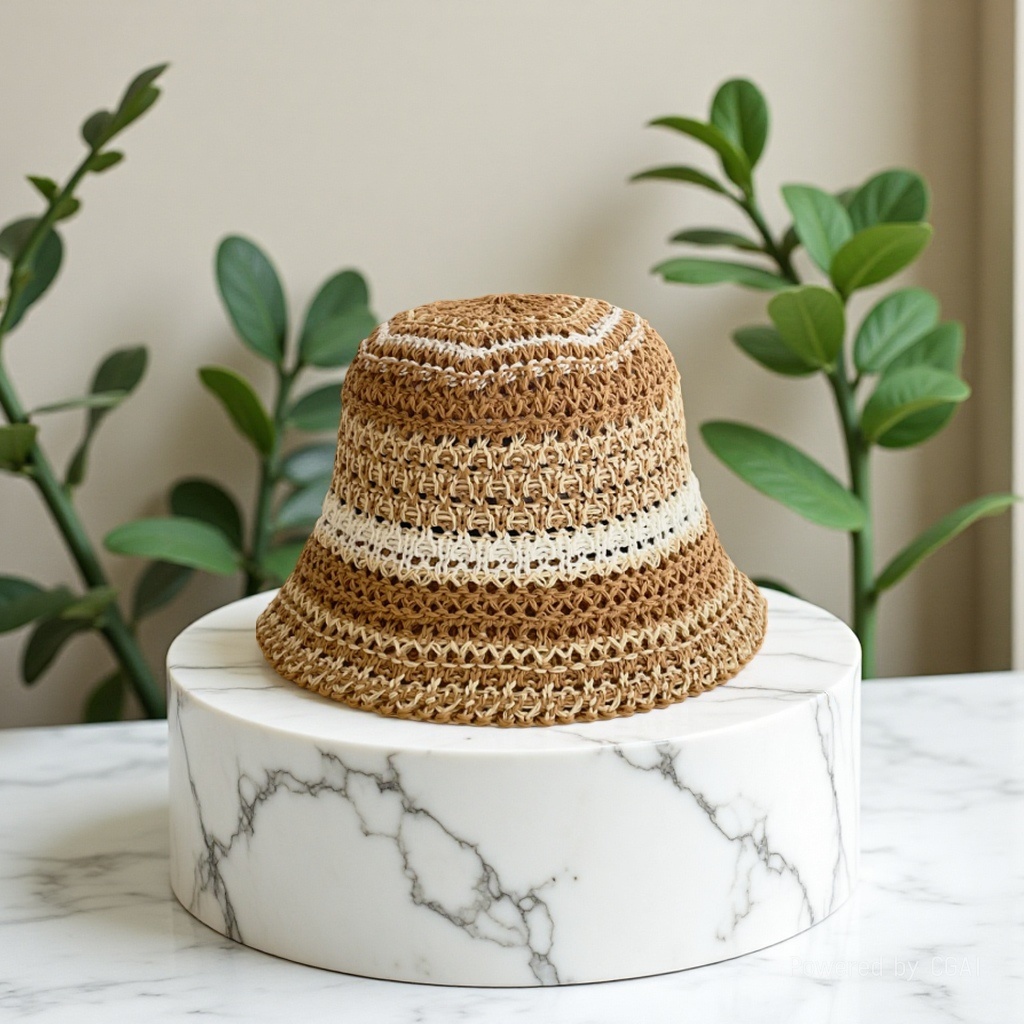 A new summer striped knitted straw hat for women, a stylish and versatile small fisherman hat that shows off one's face. It's a basin hat and bucket hat for outings