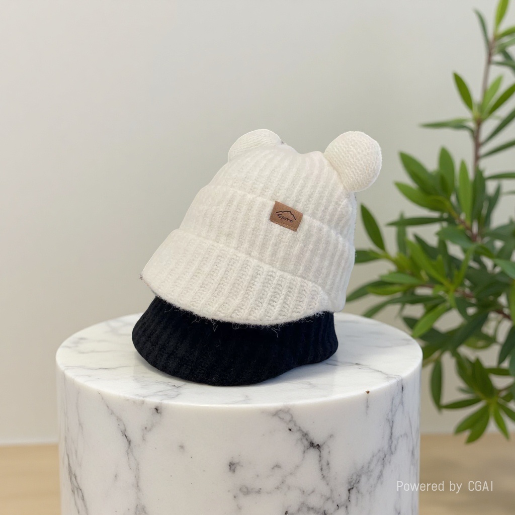 Cartoon cute bear ear knitted baseball cap for women, thickened for cold protection and warmth in autumn and winter, ear protection with fleece wool cap Specification image