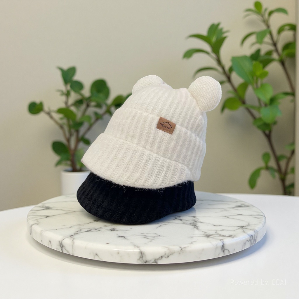 Cartoon cute bear ear knitted baseball cap for women, thickened for cold protection and warmth in autumn and winter, ear protection with fleece wool cap