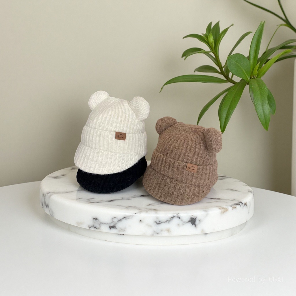 Cartoon cute bear ear knitted baseball cap for women, thickened for cold protection and warmth in autumn and winter, ear protection with fleece wool cap details Picture