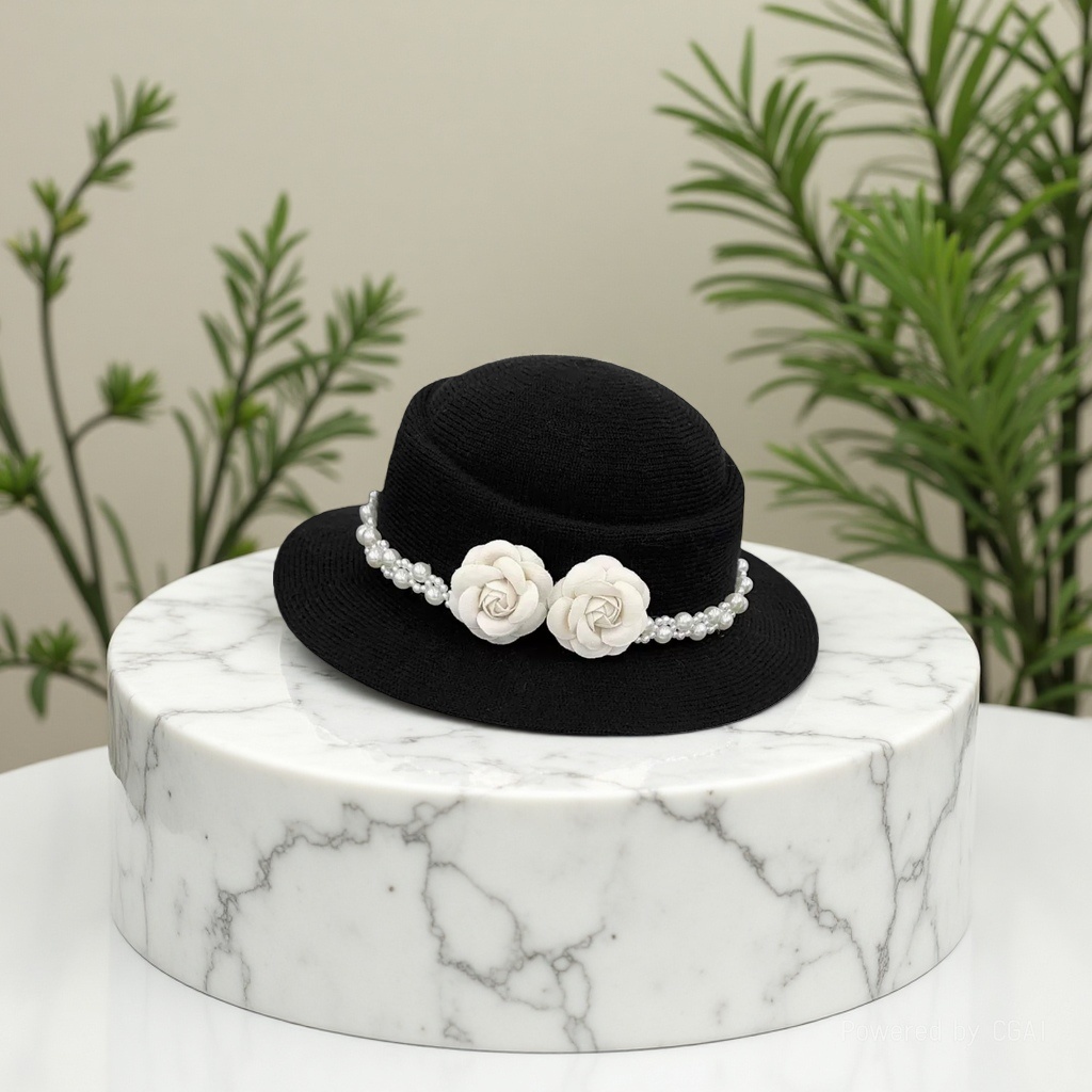 The French Hepburn style pearl camellia top hat for children in spring and autumn is elegant and retro, highlighting the face. Little painter hat trend