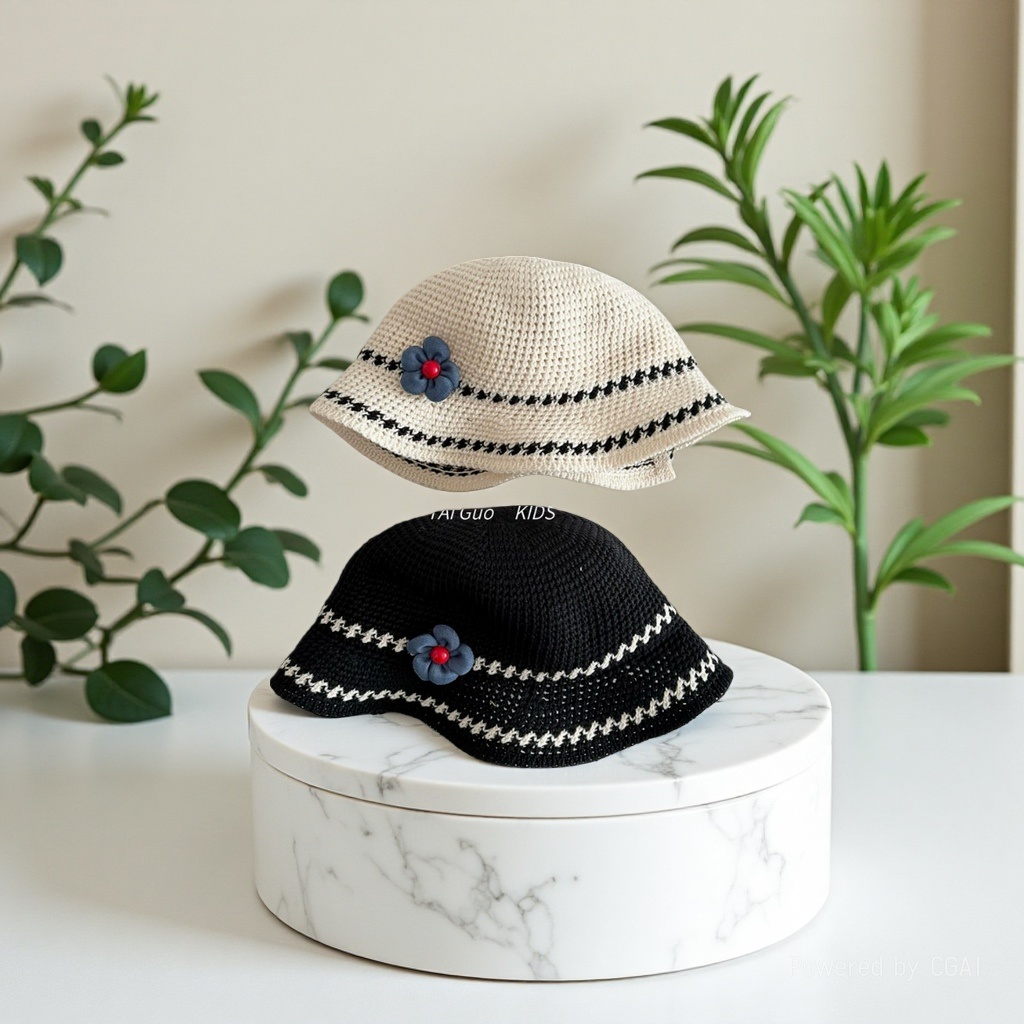 Summer children's stylish flower-knitted cap with a wide open brim for breathability and sun protection. Girls' stylish striped fisherman's hat Specification image