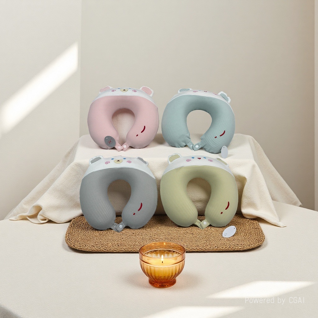 Cute cartoon bear-shaped U-shaped pillow, pink, light blue, gray and light yellow four-color striped memory foam travel pillow