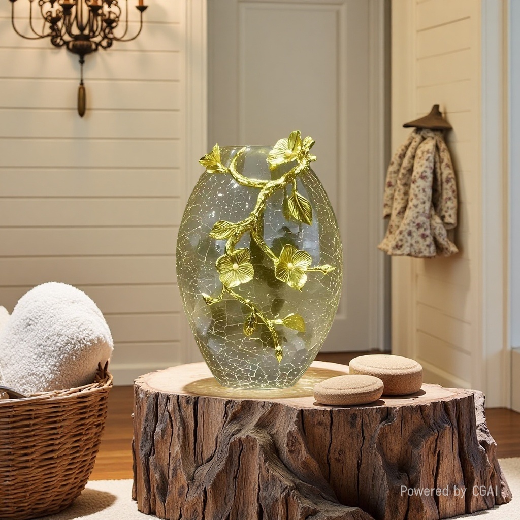 European-style light luxury cracked round glass vase, table decoration, living room, bedroom, entrance hall, hotel study, home decoration details Picture